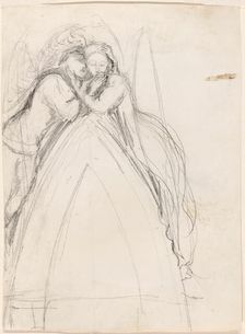 Design for a Gothic Arch with the Artist and Effie Ruskin Embracing (recto); Design for..., 1853. Creator: John Everett Millais
