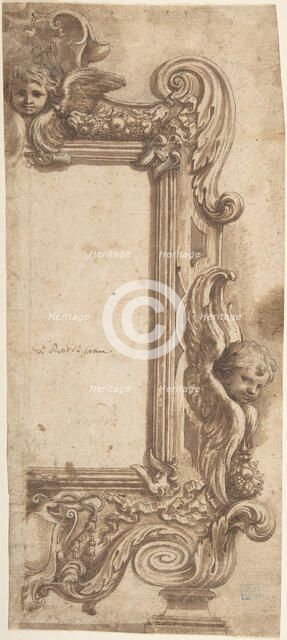 Design for a Half Frame Decorated with Angels, Volutes and Garlands., 1634-89. Creator: Attributed to Ciro Ferri.