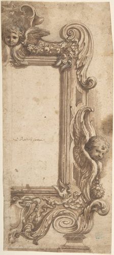 Design for a Half Frame Decorated with Angels, Volutes and Garlands., 1634-89. Creator: Attributed to Ciro Ferri