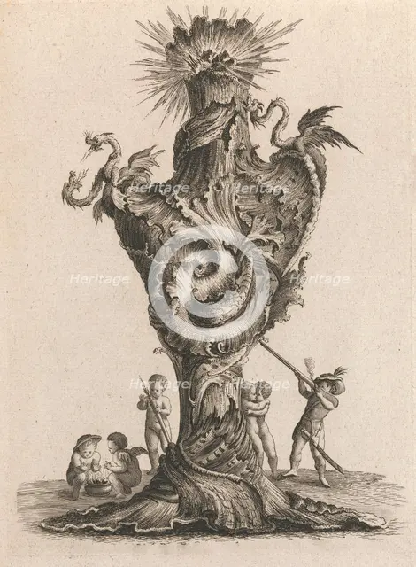 Design for a large Vase representing 'Fire', Plate 6 from: 'Neu inventierte..., Printed ca. 1750-56. Creator: Jacob Gottlieb Thelot.