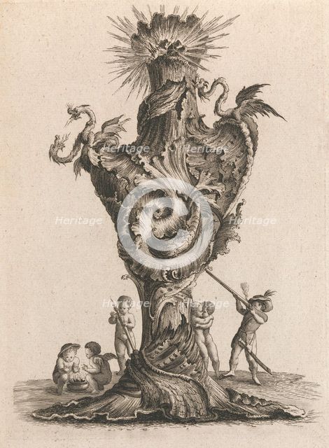 Design for a large Vase representing 'Fire', Plate 6 from: 'Neu inventierte..., Printed ca. 1750-56. Creator: Jacob Gottlieb Thelot.