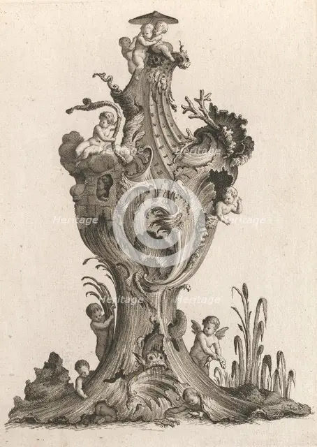 Design for a large Vase representing 'Water', Plate 5 from: 'Neu inventiert..., Printed ca. 1750-56. Creator: Jacob Gottlieb Thelot.
