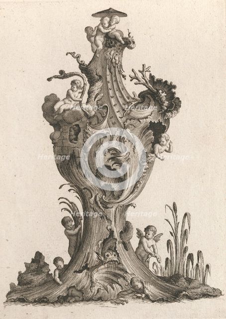 Design for a large Vase representing 'Water', Plate 5 from: 'Neu inventiert..., Printed ca. 1750-56. Creator: Jacob Gottlieb Thelot.
