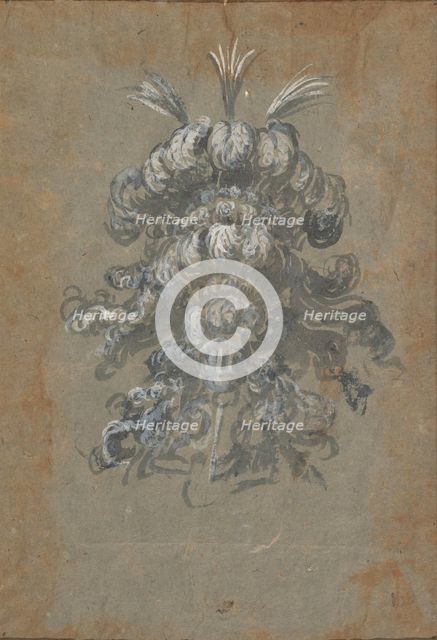 Design for a Lavish Headdress with Feathers on a Helmet (frontal view), ca. 1620-56 . Creator: Baccio del Bianco.