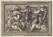 Design for a Panel with Two Variants containing a Hippocamp and a Griffin, from: Ornements..., 1651. Creator: Jean le Pautre