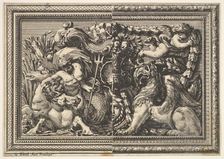 Design for a Panel with Two Variants containing a Hippocamp and a Griffin, from: Ornements..., 1651. Creator: Jean le Pautre