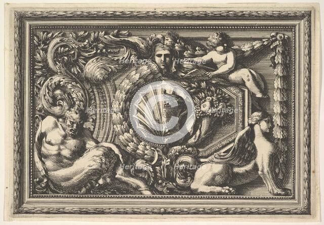 Design for a Panel with Two Variants containing a Satyr and a Sphynx, from: Pannea..., 17th century. Creator: Jean le Pautre.