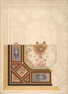 Design for a paneled ceiling to be painted in grotesque motifs, 19th century. Creators: Jules-Edmond-Charles Lachaise, Eugène-Pierre Gourdet