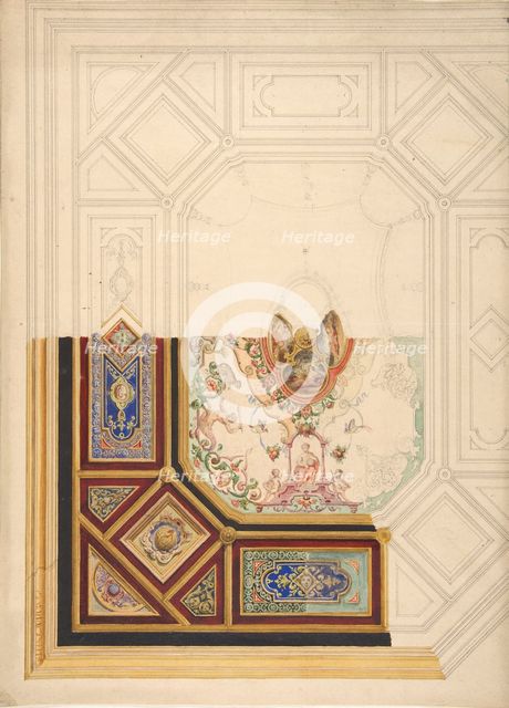 Design for a paneled ceiling to be painted in grotesque motifs, 19th century. Creators: Jules-Edmond-Charles Lachaise, Eugène-Pierre Gourdet.