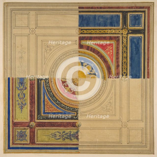 Design for a paneled ceiling with alternative decorations, 19th century. Creators: Jules-Edmond-Charles Lachaise, Eugène-Pierre Gourdet.