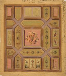 Design for a paneled ceiling painted with putti, birds, and floral motifs on tracing paper..., 19th Creators: Jules-Edmond-Charles Lachaise, Eugène-Pierre Gourdet