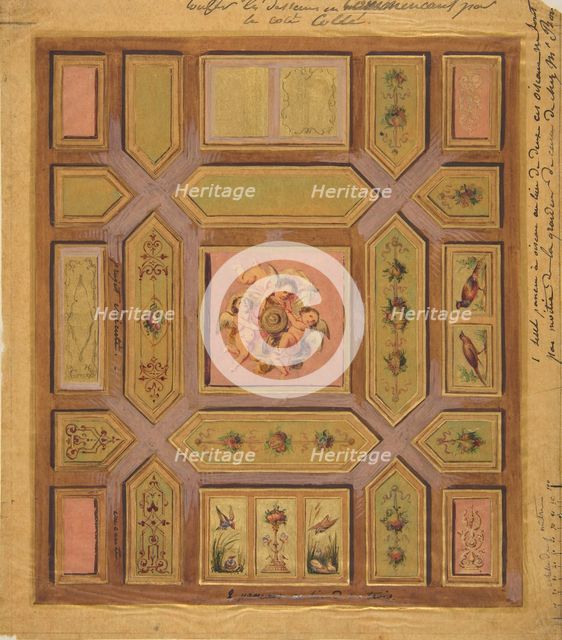 Design for a paneled ceiling painted with putti, birds, and floral motifs on tracing paper..., 19th  Creators: Jules-Edmond-Charles Lachaise, Eugène-Pierre Gourdet.