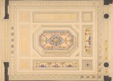 Design for a paneled ceiling painted with putti, birds, and floral motifs, 19th century. Creators: Jules-Edmond-Charles Lachaise, Eugène-Pierre Gourdet