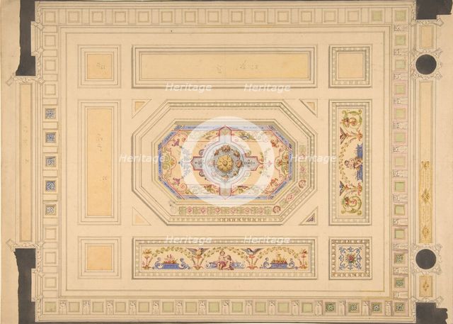 Design for a paneled ceiling painted with putti, birds, and floral motifs, 19th century. Creators: Jules-Edmond-Charles Lachaise, Eugène-Pierre Gourdet.
