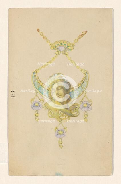 Design for a pendant with a sleeping women's head and poppies, enamelled gold, c.1905. Creator: Paul Louchet.