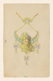 Design for a pendant with a sleeping women's head and poppies, enamelled gold, c.1905. Creator: Paul Louchet