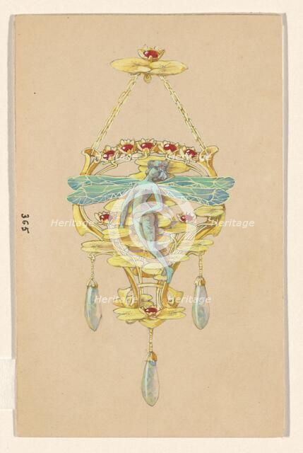 Design for a pendant with a woman with dragonfly wings, of gold, rubies, opals and enamel, c.1905. Creator: Paul Louchet.