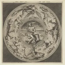 Design for a Plate with Arion Riding a Dolphin in a Medallion Bordered by Sea Monsters..., c1600. Creator: Adriaen Collaert