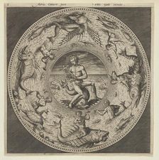 Design for a Plate with Arion Riding a Dolphin in a Medallion Bordered by Sea Monsters..., c1600. Creator: Adriaen Collaert