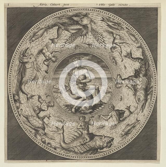 Design for a Plate with Arion Riding a Dolphin in a Medallion Bordered by Sea Monsters..., c1600. Creator: Adriaen Collaert.