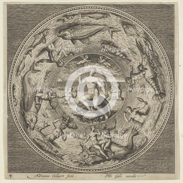 Design for a Plate with Galatea on a Shell Flanked by Trumpeters in a Medallion Border..., c1600. Creator: Adriaen Collaert.