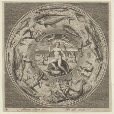Design for a Plate with Galatea on a Shell Flanked by Trumpeters in a Medallion Border..., c1600. Creator: Adriaen Collaert