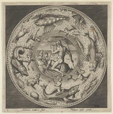 Design for a Plate with Neptune in a Shell Drawn by Horses in a Medallion Bordered by ..., c1600. Creator: Adriaen Collaert