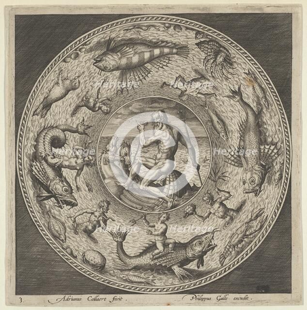 Design for a Plate with Neptune in a Shell Drawn by Horses in a Medallion Bordered by ..., c1600. Creator: Adriaen Collaert.