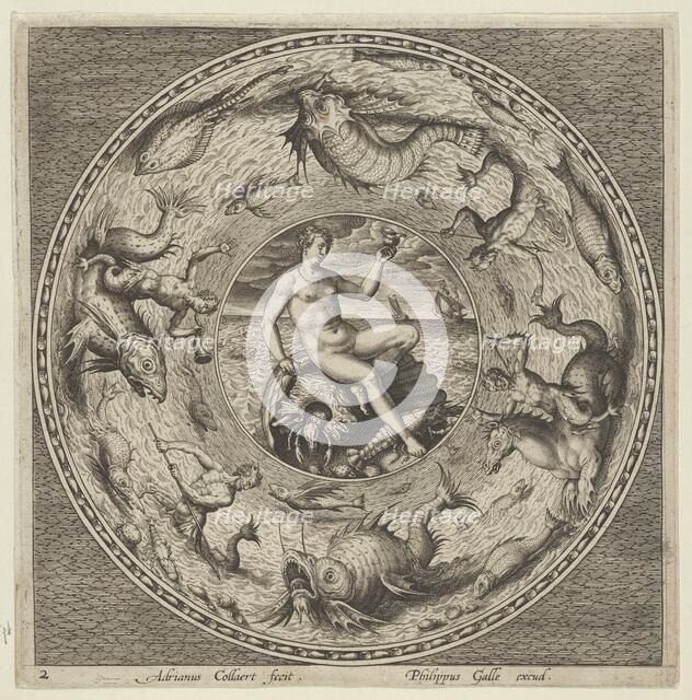 Design for a Plate with Thetis on a Shell in a Medallion Bordered by Sea Monsters, c1600. Creator: Adriaen Collaert.