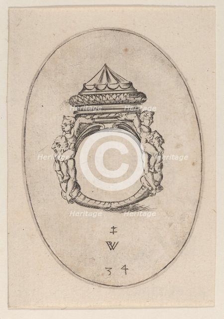 Design for a Ring with a Large Faceted Gemstone, Plate 34 from 'Livre d'Aneaux d'Orfevreri..., 1561. Creator: Pierre Woeiriot.