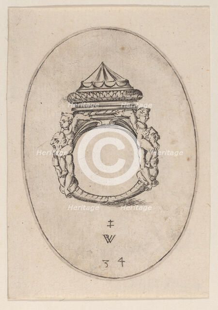 Design for a Ring with a Large Faceted Gemstone, Plate 34 from 'Livre d'Aneaux d'Orfevreri..., 1561. Creator: Pierre Woeiriot.