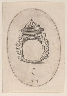 Design for a Ring with a Large Faceted Gemstone, Plate 34 from Livre d'Aneaux d'Orfevreri..., 1561. Creator: Pierre Woeiriot
