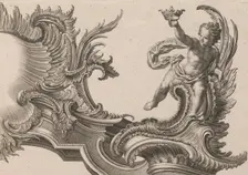 Design for a Rocaille Cartouche with the Figure of a Putto, Plate 3 from an..., Printed ca. 1750-56. Creator: Jacob Gottlieb Thelot