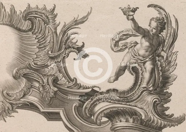 Design for a Rocaille Cartouche with the Figure of a Putto, Plate 3 from an..., Printed ca. 1750-56. Creator: Jacob Gottlieb Thelot.