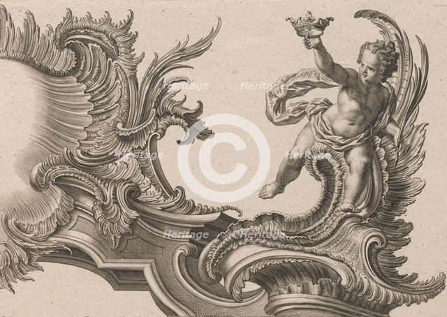 Design for a Rocaille Cartouche with the Figure of a Putto, Plate 3 from an..., Printed ca. 1750-56. Creator: Jacob Gottlieb Thelot.
