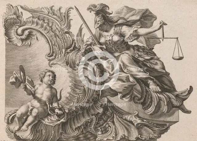 Design for a Rocaille Cartouche with the Figure of Justitia, Plate 2 from a..., Printed ca. 1750-56. Creator: Jacob Gottlieb Thelot.