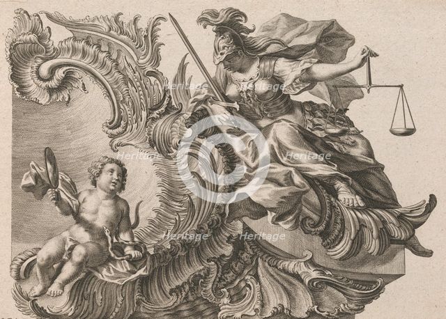 Design for a Rocaille Cartouche with the Figure of Justitia, Plate 2 from a..., Printed ca. 1750-56. Creator: Jacob Gottlieb Thelot.