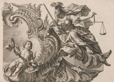 Design for a Rocaille Cartouche with the Figure of Justitia, Plate 2 from a..., Printed ca. 1750-56. Creator: Jacob Gottlieb Thelot