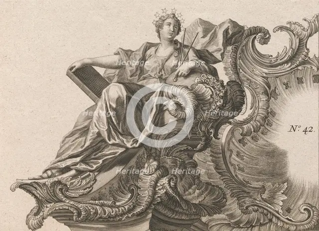 Design for a Rocaille Cartouche with the Figure of Prudentia, Plate 1 from ..., Printed ca. 1750-56. Creator: Jacob Gottlieb Thelot.