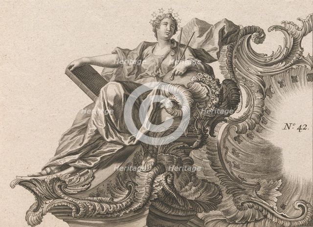 Design for a Rocaille Cartouche with the Figure of Prudentia, Plate 1 from ..., Printed ca. 1750-56. Creator: Jacob Gottlieb Thelot.