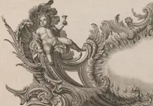 Design for a Rocaille Cartouche with the Figure of Putto holding up a Cup, ..., Printed ca. 1750-56. Creator: Jacob Gottlieb Thelot