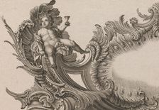 Design for a Rocaille Cartouche with the Figure of Putto holding up a Cup, ..., Printed ca. 1750-56. Creator: Jacob Gottlieb Thelot