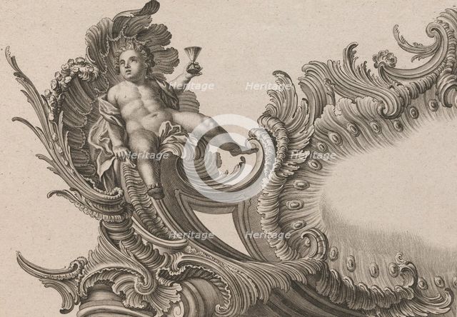 Design for a Rocaille Cartouche with the Figure of Putto holding up a Cup, ..., Printed ca. 1750-56. Creator: Jacob Gottlieb Thelot.
