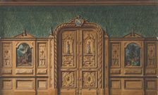 Design for a room with wood panels inset with paintings and a heavily-carved double door, 1830-97. Creators: Jules-Edmond-Charles Lachaise, Eugène-Pierre Gourdet