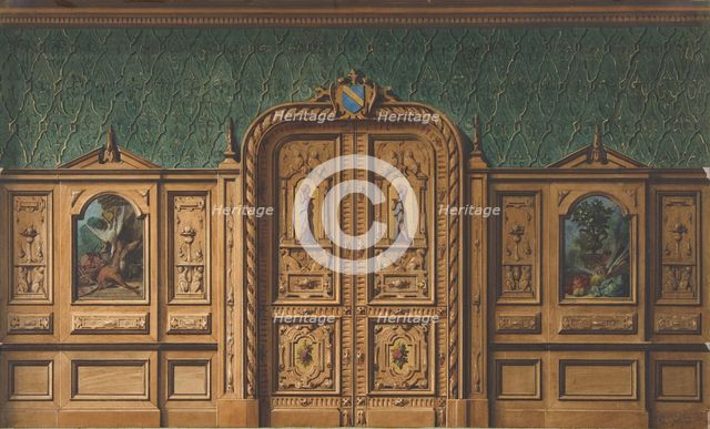 Design for a room with wood panels inset with paintings and a heavily-carved double door, 1830-97. Creators: Jules-Edmond-Charles Lachaise, Eugène-Pierre Gourdet.
