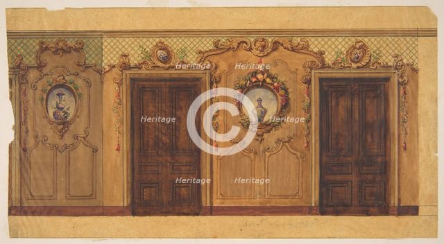 Design for a room with double doors decorated with garlands of fruit and flowers, scrolls..., 1830-9 Creators: Jules-Edmond-Charles Lachaise, Eugène-Pierre Gourdet.