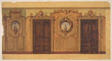Design for a room with double doors decorated with garlands of fruit and flowers, scrolls..., 1830-9 Creators: Jules-Edmond-Charles Lachaise, Eugène-Pierre Gourdet
