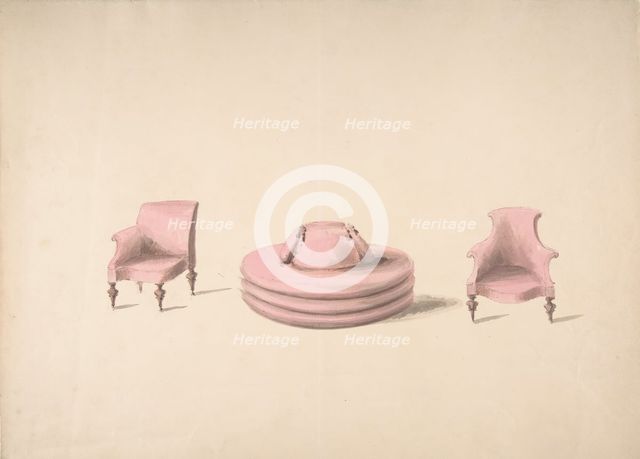Design for a Round Pink Sofa and an Armchair and a One-armed Chair, early 19th century. Creator: Anon.