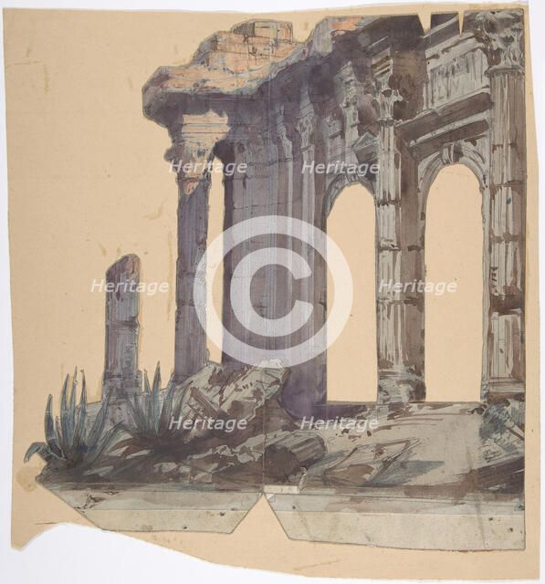 Design for a Stage Set at the Opéra, Paris: Columned Exterior, 1828-90. Creator: Eugene Ciceri.