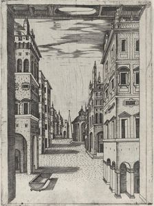 Design for a Stage Set Depicting a Perspectival View of an Ideal Renaissance City, ..., ca. 1550-60. Creator: Anon